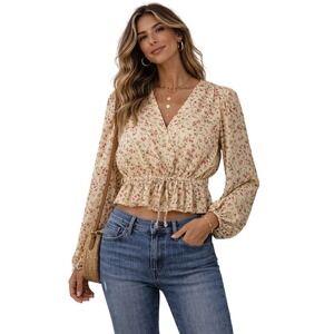 London Rose Floral Peplum Blouse‎ Womens Small Yellow Pink V-Neck Puff Sleeve